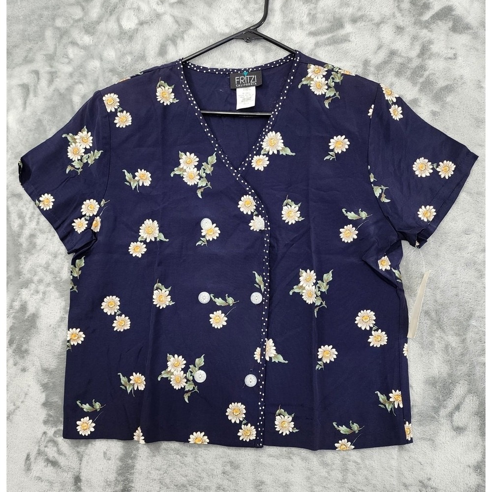NEW Vintage Fritzi Top Womens M Blue‎ Floral V-Neck Short Sleeve Double Breasted